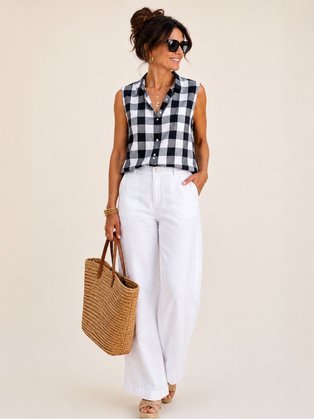 J. Crew Black and White Buffalo Plaid Sleeveless Button Down Shirt Size XX-Large